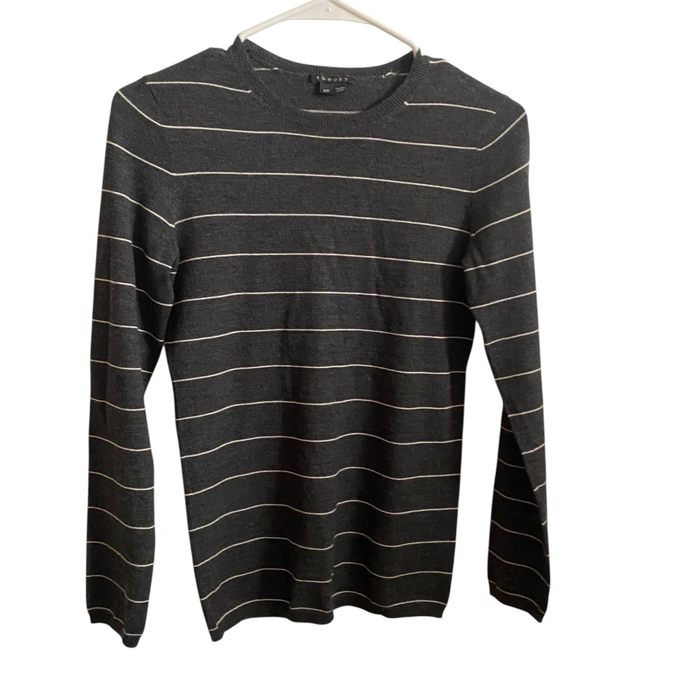 Theory Womens Charcoal Gray Striped Merino Wool Crewneck Sweater Size Small